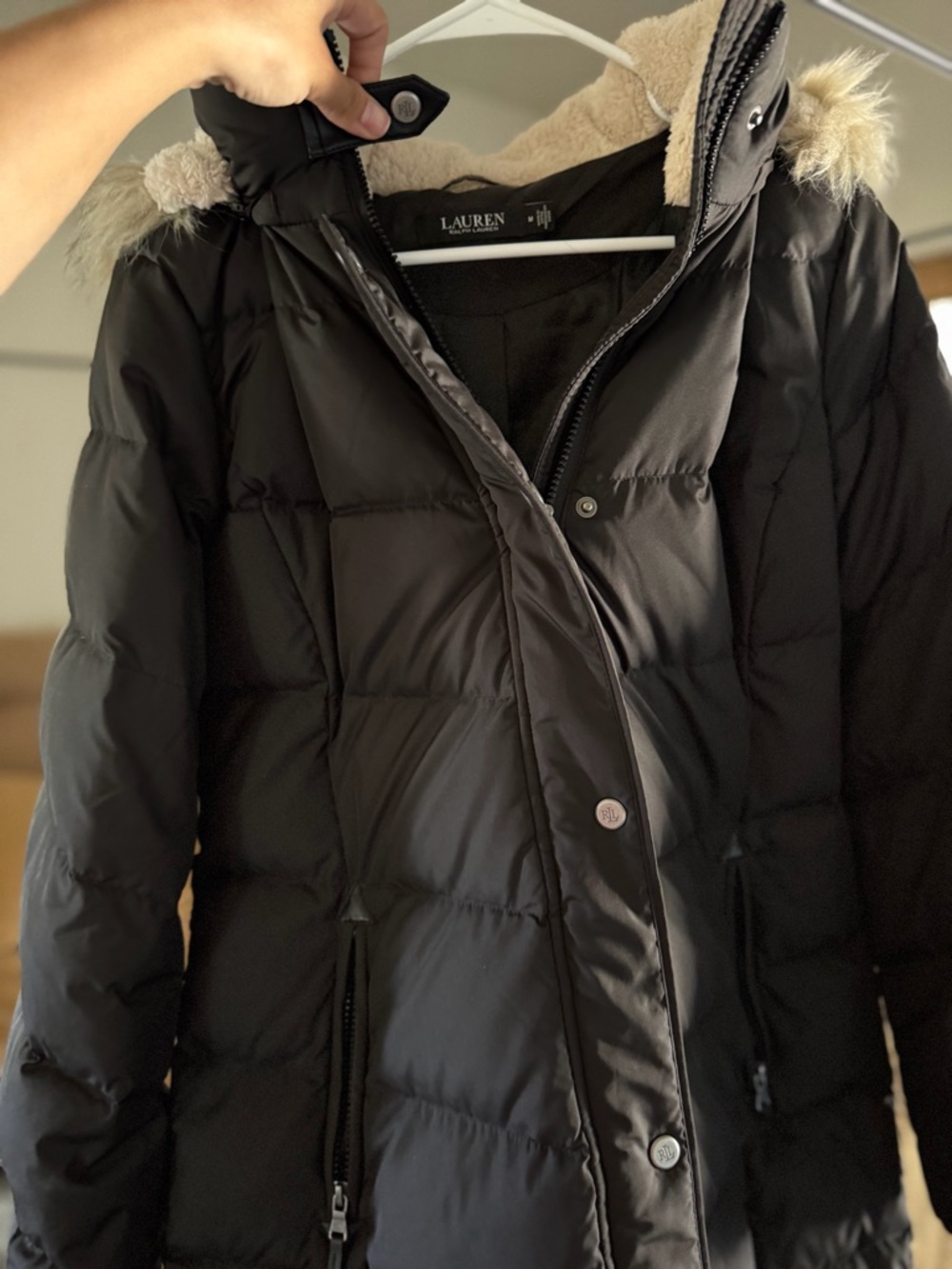 Lauren Ralph Lauren Black Quilted Down Hooded Long Puffer Coat